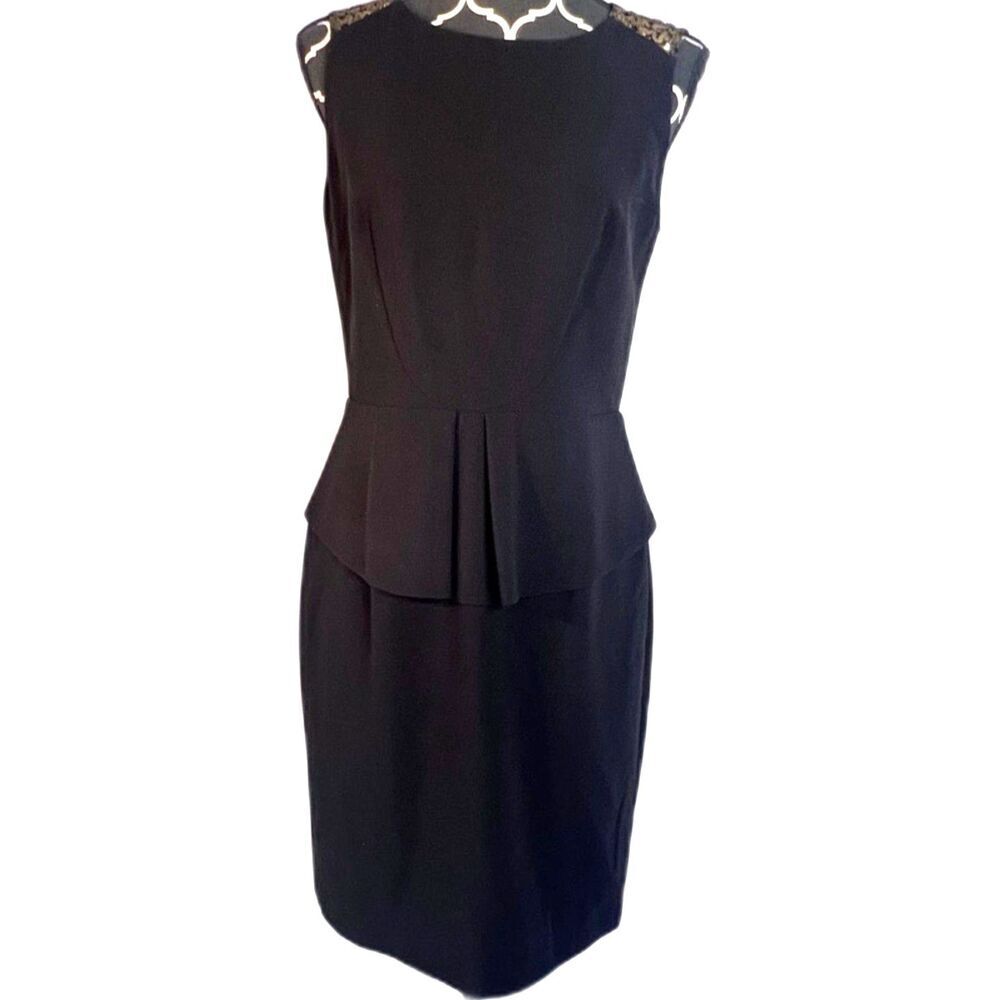 Tahari‎ NWT Black/Gold Lace Back Peplum Ruffle Sheath Cocktail Evening Dress 10